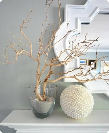 Create jars with sand and dry branches for a beach theme
