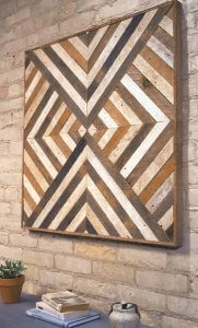 wood wall art with diagonal patterns