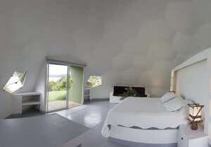 bedroom with hexagonal panels