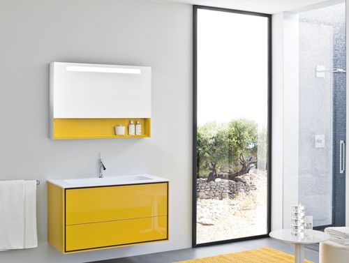 bathroom with yellow cupboards
