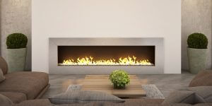 A fireplace insert in a living room.