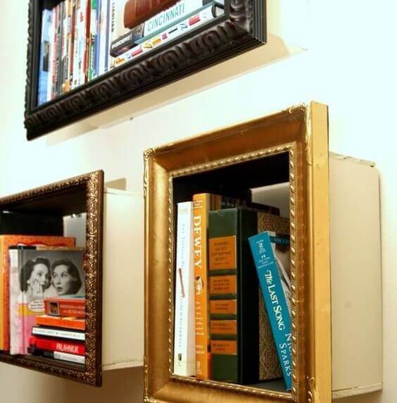 Framed bookshelves are a cute way to use book decor to brighten up a wall