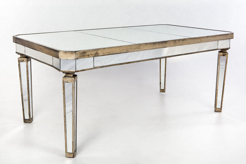 Some mirror top tables, like this one, also have mirrored legs and sides.