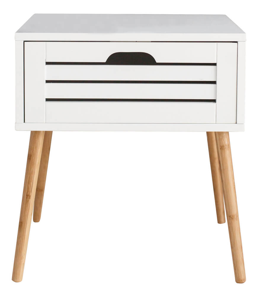 This is a white bedside table with natural legs.