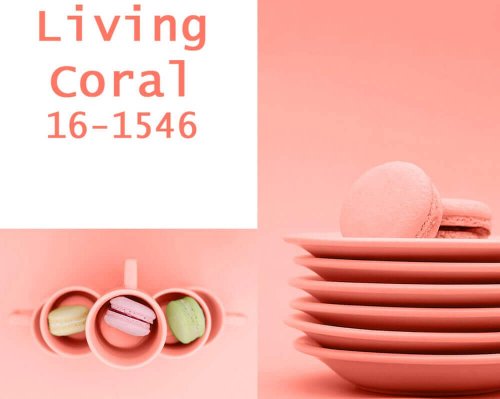 Coral colored plates, cups, and macaroons.