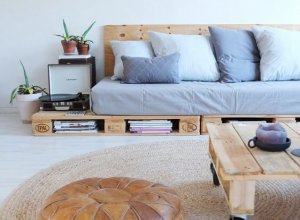 Wooden pallets as a couch support.