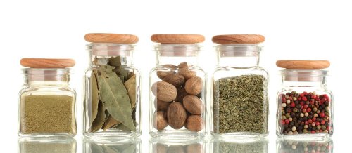 One way to store spices is in glass jars.