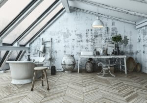 A modern rustic style in a bathroom.