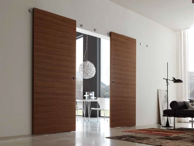 Wooden doors in a living room.