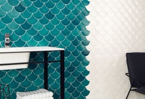 Turquoise and white tiles.