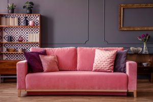 Pink velvet couch.