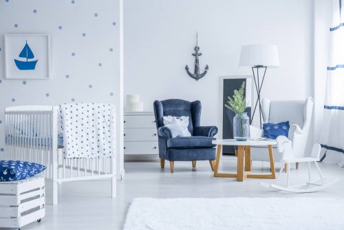 A blue and white room.