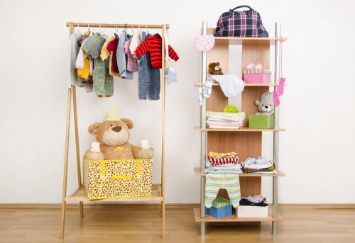 A clothing rack and a shelving system.