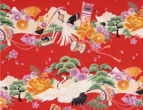 An Asian fabric with a crane motif.