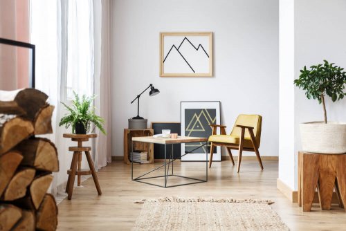 A living room decorated with earth-tone colors.