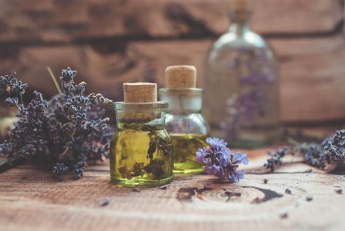 Lavender oil in glass bottles.