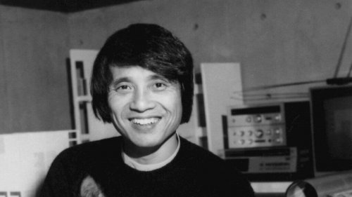 A black and white portrait of Tadao Ando.