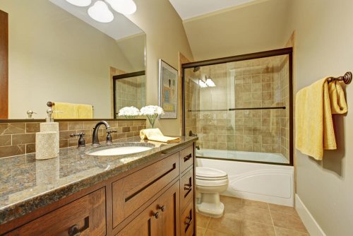A bathroom in neutral colors.