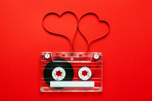 A cassette tape arranged as hearts.