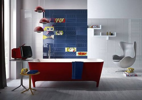 A pop style bathroom.