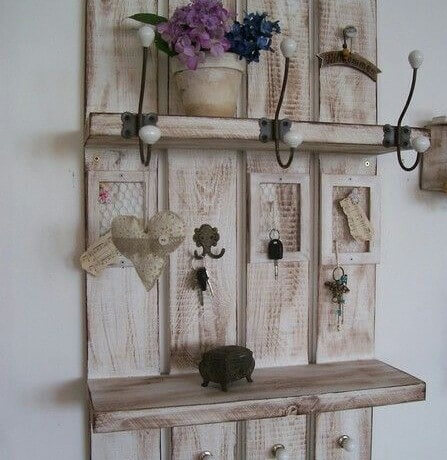 A coat rack with shelves.