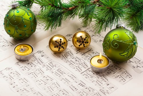 Christmas music and ornaments.