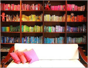 Color-coordinated libraries.