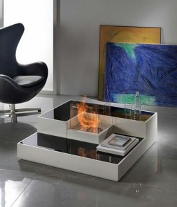 Minimalist living room fireplace.