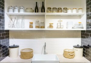 Modern white cupboards.