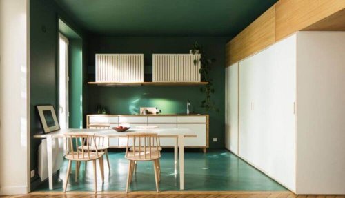 A kitchen with bottle green ceiling, walls, and floor.
