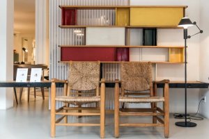 Wicker and wood chairs.