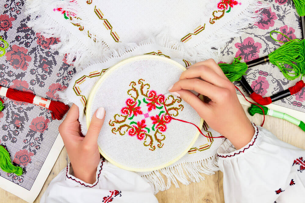 Hand stitched embroidery used in decor