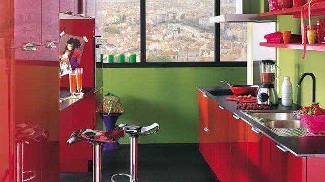 A red and green kitchen