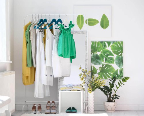 A dressing room with green accessories.