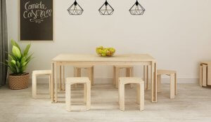 A wooden table and chairs.