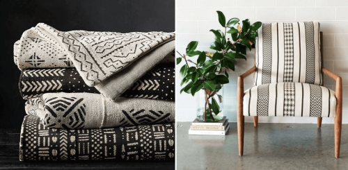 A chair upholstered with Bògòlanfini.