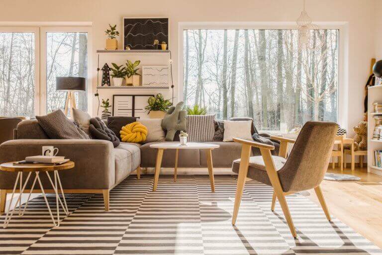 Living room decor featuring warm brown and yellow