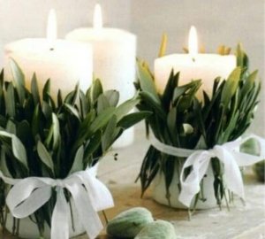 Original centerpieces - candles and leaves.