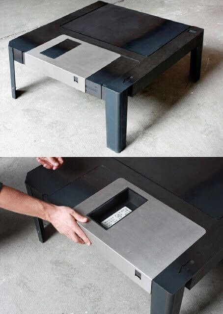 A floppy disk coffee table adds a retro flavor