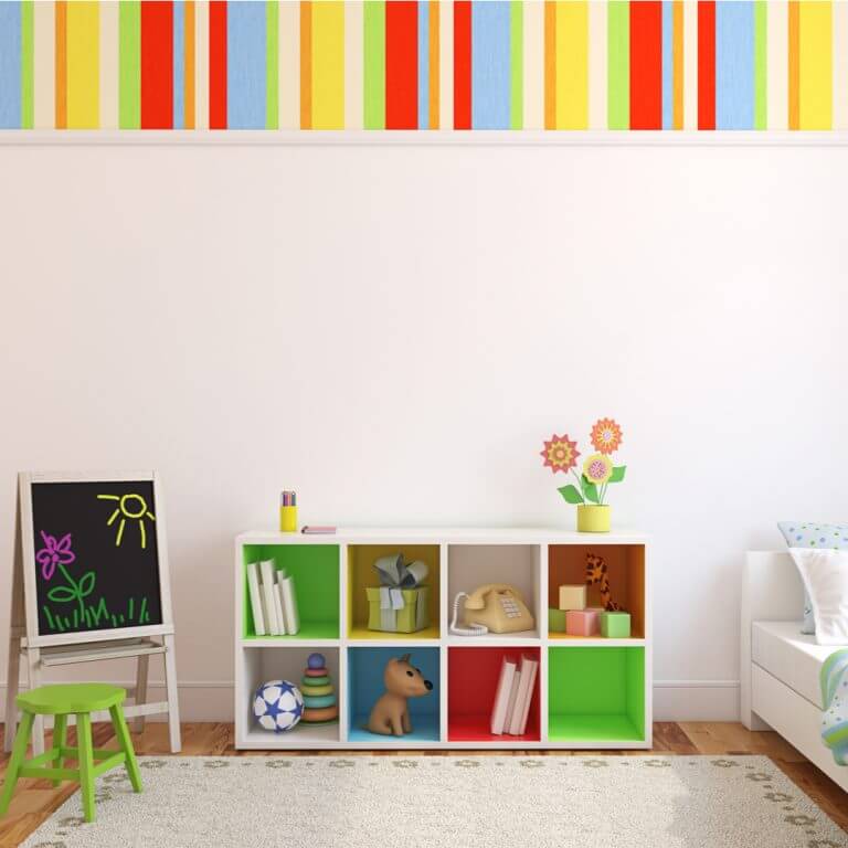 A colorful striped wall in a child's bedroom