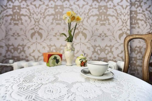 A table with a tablecloth.