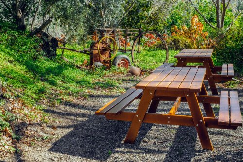 Wooden picnic tables.