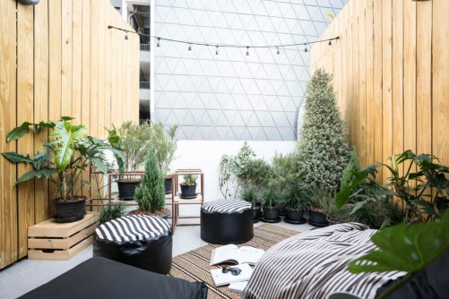 A chill out space with plants and seats.