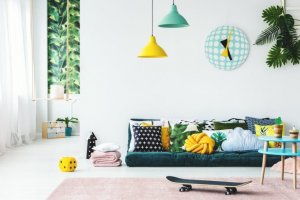 Blue, yellow and green decor.