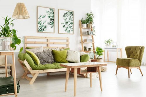A living room with nature-inspired decor.