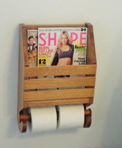 Magazine rack and toilet paper holder.
