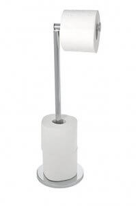 Stainless steel toilet roll holder.