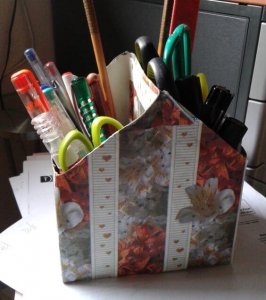 Reusing milk cartons: stationery organizer.
