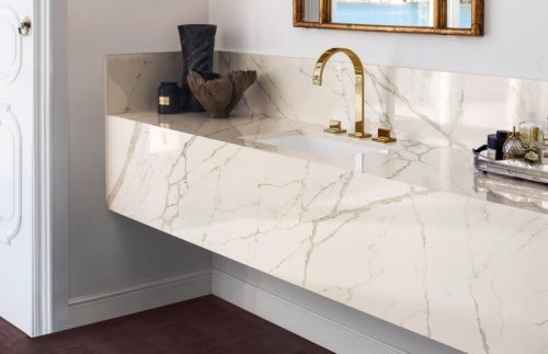 Corian bathroom countertops, like the one in this photo, are very attractive to the eye and very clean-looking.