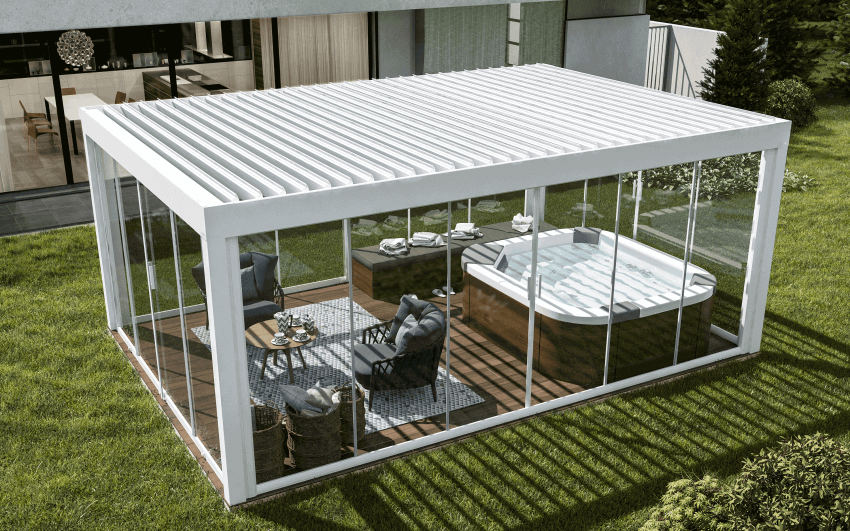 A wood and glass pergola.